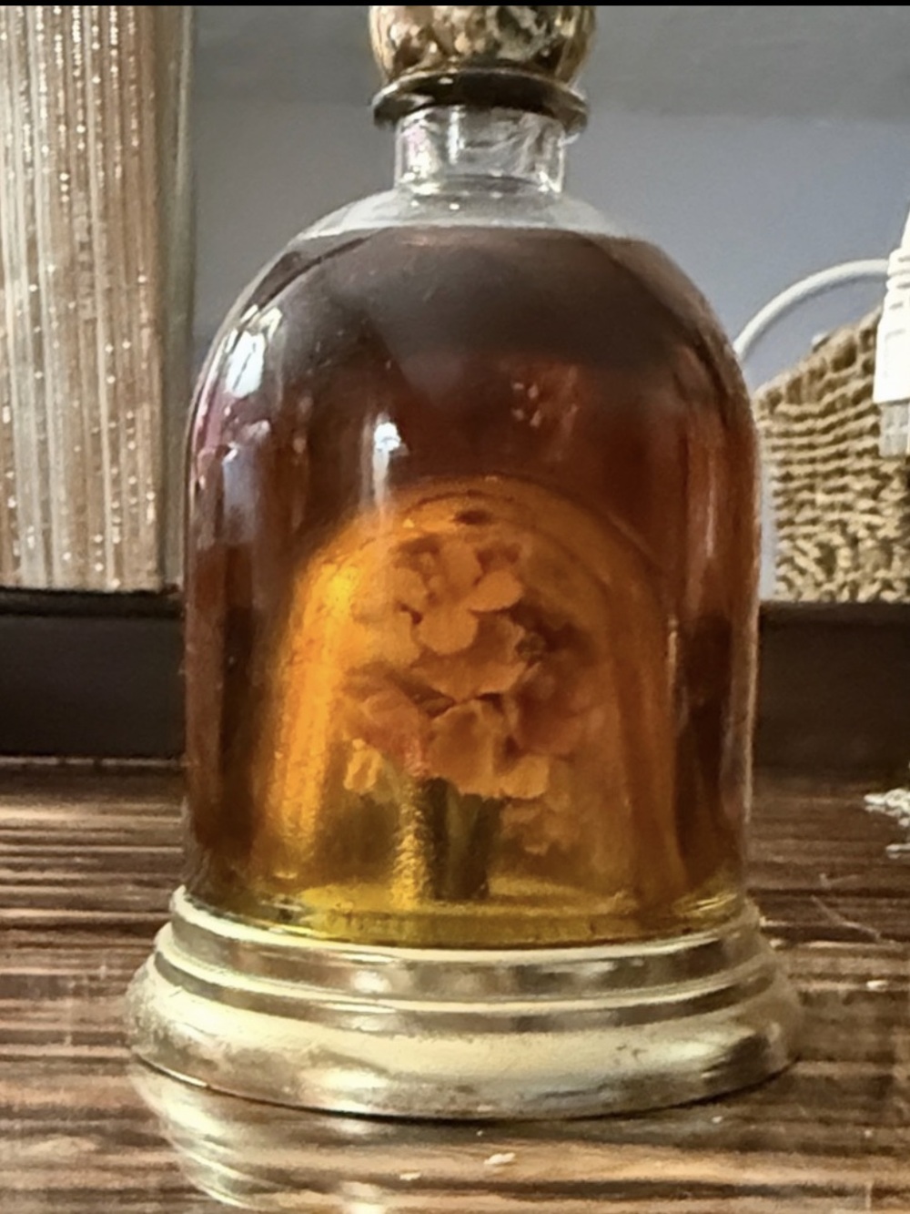 Avon Amber Glass Dome Bell Jar Brocade with Floral Inside NOS